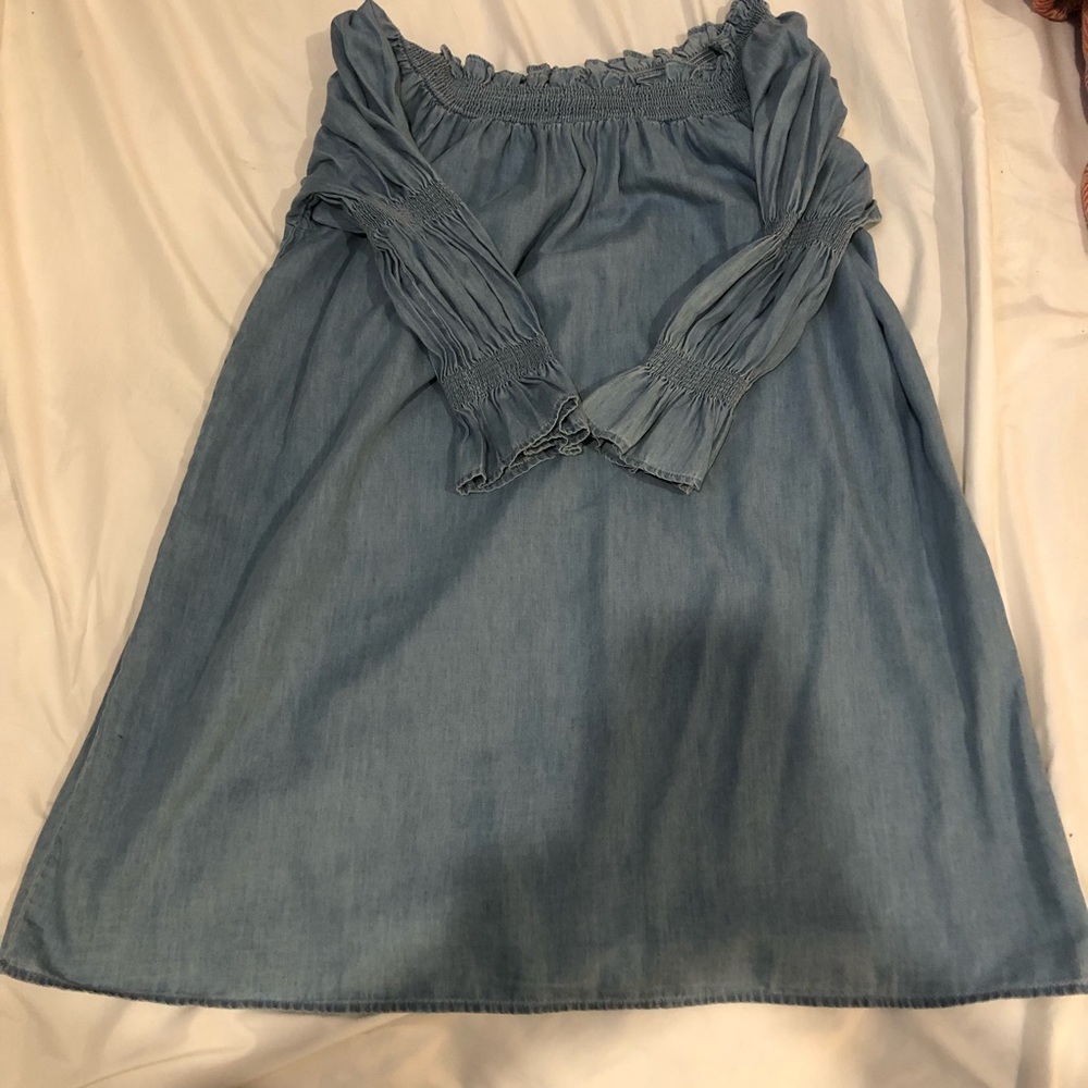 Smocked off the Shoulder chambray dress
